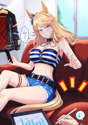  absurdres animal_ears bandeau bare_arms bare_shoulders black_choker black_jacket blonde_hair blue_eyes breasts cellphone chains choker cleavage commentary_request couch cutoffs denim denim_shorts feet_out_of_frame female gold_city_(umamusume) head_tilt highres holding holding_phone holding_stylus horse_ears horse_girl indoors jacket large_breasts long_hair looking_at_viewer midriff navel phone same_kujira_(challenger_310) short_shorts shorts sitting smartphone solo_focus speech_bubble spoken_sweatdrop stomach strapless striped_bandeau stylus sweatdrop tablet_pc tail thigh_strap thighs translated tube_top umamusume unworn_jacket window 