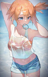  armpits arms_up bandeau bikini bikini_under_clothes blue_eyes blue_shorts breasts crop_top denim denim_shorts female hair_tie hair_tie_in_mouth highres kasumi_(pokemon) midriff mouth_hold navel orange_hair pokemon pokemon_lgpe rindoriko shirt short_hair short_shorts shorts side_ponytail solo swimsuit wet wet_clothes white_shirt 