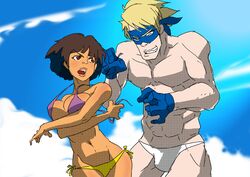  1boy 1girls abs assisted_exposure big_breasts bikini bikini_bottom bikini_top blonde_hair blue_eyes blush breasts brown_hair color dark-skinned_female dark_skin dora_marquez dora_the_explorer female human human_only humanized latina male mask muscles muscular_male navel nickelodeon pecs red_eyes short_hair side_knot straight swiper wide_hips 