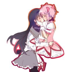  2girls akemi_homura akemi_homura_(magical_girl) black_hair black_hairband blush closed_eyes commentary dress english_commentary gloves grey_skirt hairband hand_on_another&#039;s_face highres kaname_madoka kaname_madoka_(magical_girl) kissing long_hair long_sleeves mahou_shoujo_madoka_magica mahou_shoujo_madoka_magica_(anime) multiple_girls pantyhose petticoat pink_dress pink_hair red_shoes shia0ri shirt shoes short_twintails simple_background skirt twintails white_background white_gloves white_pantyhose white_shirt yuri 