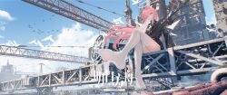  absurdres arknights black_jacket closed_mouth cloud commentary construction_site copyright_name crane_(machine) crossed_legs day de4d_fish english_commentary feet female full_body gun halo highres jacket lemuen_(arknights) long_hair long_sleeves looking_at_viewer no_shoes outdoors pink_eyes pink_hair rifle sitting smile sniper_rifle soles solo sunlight thighhighs toes traditional_halo very_long_hair weapon white_halo white_thighhighs wind 