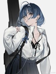  absurdres ahoge bespectacled black-framed_eyewear black_bra black_ribbon black_skirt blue_bow blue_hair blunt_bangs bocchi_the_rock! bow bra breasts buckle cleavage closed_mouth collarbone collared_shirt cowboy_shot double-parted_bangs dress_shirt earbuds earphones expressionless eyelashes female glasses grey_background guitar_case hair_between_eyes hair_intakes hair_ornament hairclip high-waist_skirt highres holding_earbud instrument_case jiutian_shuli listening_to_music long_sleeves looking_at_viewer mole mole_under_eye neck_ribbon partially_unbuttoned pleated_skirt pointy_nose ribbon school_uniform shimokitazawa_high_school_uniform shirt short_hair simple_background skirt sleeves_past_wrists solo standing underwear watermark weibo_watermark white_shirt yamada_ryo yellow_eyes 