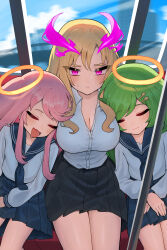  3girls absurdres amagasa black_skirt blonde_hair blue_neckerchief blue_sailor_collar blue_skirt breasts city cleavage closed_eyes closed_mouth collared_shirt dress_shirt drooling gabriel_(monster_strike) girl_sandwich green_hair hair_ornament hairclip halo head_on_another&#039;s_shoulder highres large_breasts leaning_on_person long_hair long_sleeves looking_at_viewer lucifer_(monster_strike) michael_(monster_strike) miniskirt monster_strike multiple_girls neckerchief oerba_yun_fang open_mouth own_hands_together partially_unbuttoned pink_eyes pink_hair pink_halo pleated_skirt sailor_collar sandwiched school_uniform serafuku shirt sitting skin_fang skirt sleeping sleeping_on_person sleeping_upright smile star_(symbol) star_hair_ornament sweatdrop swept_bangs train_interior white_shirt wing_collar 