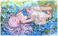  alphonse_(white_datura) barefoot blue_flower closed_eyes dress earrings elf female field flower flower_field frieren highres holding holding_flower jewelry long_hair lying nemophila_(flower) on_back on_ground pointy_ears solo sousou_no_frieren white_dress white_hair 