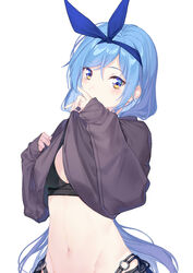  bae_minah_(chaesu) black_bra black_sweater blue_hair blue_hairband blush borrowed_character bra clothes_lift coffeekite commentary female hairband highres lifting_own_clothes long_hair looking_at_viewer midriff navel original simple_background solo stomach sweater sweater_lift underwear upper_body very_long_hair white_background 