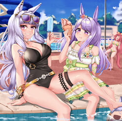  3girls :t agnes_digital_(umamusume) animal_ears barefoot belt bikini bikini_skirt black_one-piece_swimsuit blood blue_sky blunt_bangs blurry blurry_background bracelet breasts cleavage closed_eyes cloud day depth_of_field ear_piercing eating excessive_nosebleed eyewear_on_head food gold_ship_(run_revolt_launcher)_(umamusume) gold_ship_(umamusume) grey_hair grin highres holding holding_food holding_popsicle horse_ears horse_girl ice_cream_cone jewelry large_breasts long_hair looking_at_another looking_at_viewer mejiro_mcqueen_(ripple_fairlady)_(umamusume) mejiro_mcqueen_(umamusume) multiple_girls navel necklace nosebleed off-shoulder_shirt off_shoulder official_alternate_costume one-piece_swimsuit open_mouth outdoors piercing pink_hair pool popsicle purple_eyes purple_hair shirt sitting sky smile soaking_feet sparkle standing sunglasses swimsuit tabunshake thigh_strap umamusume water_slide white_shirt yellow-framed_eyewear yellow_belt yellow_bikini 