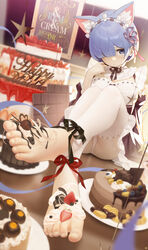  absurdres animal_ear_fluff animal_ears bad_source barefoot blue_eyes blue_hair breasts cake cat_ears chocolate detached_sleeves dress feet female food food_on_foot foot_focus foreshortening fruit hair_over_one_eye hair_ribbon highres legs long_sleeves looking_at_viewer panties re:zero_kara_hajimeru_isekai_seikatsu rem_(re:zero) ribbon roswaal_mansion_maid_uniform short_hair sitting solo songchuan_li star_(symbol) strawberry thighhighs toeless_legwear toenails toes underwear whipped_cream white_panties 