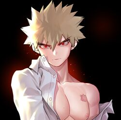  1boy abs bakugou_katsuki blonde_hair boku_no_hero_academia closed_mouth highres looking_at_viewer male_focus muscular muscular_male nipples open_clothes open_shirt red_eyes seoltang_(nitro_sugar) shirt short_hair solo spiked_hair white_shirt 