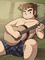  1boy bad_id bad_twitter_id bara beard_stubble boxers brown_hair bulge facial_hair feet_out_of_frame forked_eyebrows guitar highres inactive_account instrument jitome leg_hair long_sideburns male_focus male_underwear milo_(getingko) music on_bed playing_instrument plump scott_pilgrim_(series) scott_pilgrim_takes_off short_hair sideburns solo stephen_stills stubble thick_eyebrows topless_male underwear 