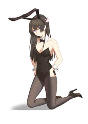  absurdres animal_ear_hairband animal_ear_headwear animal_ears black_bow black_bowtie black_footwear black_hair black_pantyhose bow bowtie breasts chinese_commentary cleavage commentary detached_collar fake_animal_ears female full_body hair_ornament hairband hairclip hands_on_own_thighs high_heels highres kasa_(1136485976) kneeling leotard long_hair looking_at_viewer pantyhose playboy_bunny purple_eyes rabbit_ear_hairband rabbit_ears rabbit_hair_ornament sakurajima_mai seishun_buta_yarou shadow simple_background solo sparkle strapless strapless_leotard white_background wrist_cuffs 