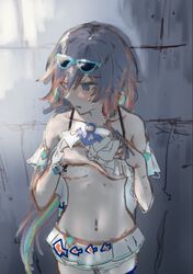  bikini blue_eyes blue_hair blush breasts eyewear_on_head female fu_hua fu_hua_(seagull&#039;s_soar) fu_hua_(shadow_knight) grey_hair hair_between_eyes honkai_(series) honkai_impact_3rd long_hair looking_to_the_side low-tied_long_hair low_ponytail medium_breasts multicolored_hair navel official_alternate_costume ponytail sleeveless solo stomach streaked_hair sunglasses swimsuit unfinished vx7bj white_bikini 