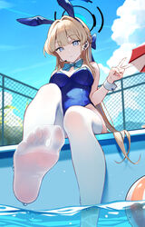  absurdres animal_ears blonde_hair blue_archive blue_bow blue_bowtie blue_eyes blue_hair blue_halo blue_leotard bow bowtie braid breasts closed_mouth day detached_collar fake_animal_ears feet female foot_focus foreshortening halo highres legs leotard long_hair medium_breasts multicolored_hair no_shoes official_alternate_costume outdoors playboy_bunny pool rabbit_ears sitting soaking_feet soles solo strapless strapless_leotard streaked_hair thighhighs toes toki_(blue_archive) toki_(bunny)_(blue_archive) v water white_thighhighs white_wrist_cuffs wrist_cuffs yuye 