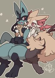  absurd_res ambiguous_gender anthro black_body black_fur blue_body blue_fur braixen duo eye_contact fur generation_4_pokemon generation_6_pokemon hi_res inner_ear_fluff looking_at_another lucario navel nintendo nyaswitchnya open_mouth pokemon pokemon_(species) red_eyes simple_background tail tuft white_body white_fur yellow_body yellow_fur 