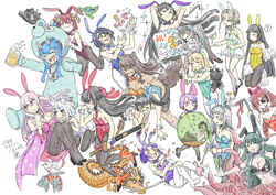  6+girls akagami_aoko akou_murasaki alcohol animal_ears anniversary beer bird black_hair blonde_hair blue_hair bow_(weapon) brown_hair burnt_clothes cake dragon everyone fake_animal_ears fire food fox_ears fox_girl fox_tail hand_fan happy_anniversary hawk highres holding holding_fan holding_sword holding_weapon horns hotaruya_tamaki katana kibougou lizard matsushige_botan monster_girl multiple_girls oni oni_horns onitsuki_aoi onitsuki_ayaka onitsuki_hina onitsuki_kochou pink_hair playboy_bunny purple_hair sheath sheathed shiro_(yami_no_hotaru) stuffed_toy sword tachibana_kayo tail wafuu_fantajii_na_utsu_eroge_no_nanashi_sentou-in_ni_tensei_shitandaga_shuui_no_on&#039;na_ga_yabe_yatsu_bakari_de_iyanayokan_shika_shinai_kudan weapon white_hair wolf_ears wolf_girl wolf_tail youbo_(yami_no_hotaru) 