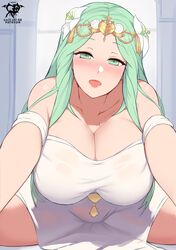  artist_logo artist_name bare_shoulders blush breasts cleavage dress female fire_emblem fire_emblem:_three_houses flexible flower green_eyes green_hair hair_flower hair_ornament highres huge_breasts kaos_art long_hair looking_at_viewer open_mouth outstretched_arm patreon_username pov reaching reaching_towards_viewer rhea_(fire_emblem) smile solo split spread_legs 