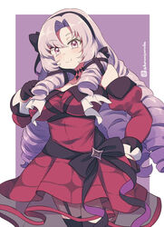  bare_shoulders black_gloves black_hairband black_thighhighs breasts closed_mouth collarbone detached_sleeves dress drill_hair female garter_straps gloves hairband half_gloves hand_up hyakumantenbara_salome hyakumantenbara_salome_(1st_costume) juliet_sleeves kuromiya large_breasts long_hair long_sleeves looking_at_viewer nijisanji one-hour_drawing_challenge parted_bangs pink_eyes pink_hair puffy_sleeves purple_background red_dress red_sleeves see-through smile solo strapless strapless_dress thighhighs twitter_username two-tone_background very_long_hair virtual_youtuber white_background 