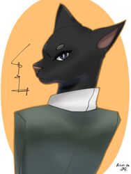  3:4 anthro black_body black_fur blue_eyes clothing domestic_cat eye_contact felid feline felis female first_person_view fur hi_res looking_at_another mammal rizal_ok solo worker 