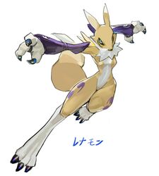  2022 anthro armwear bandai_namco black_sclera blue_eyes breasts bridal_gauntlets canid clothing digimon digimon_(species) dipstick_ears ear_markings featureless_breasts female fur hi_res looking_at_viewer magiace mammal multicolored_ears renamon simple_background solo white_background white_body white_fur yellow_body yellow_fur 