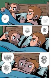  2boys bara beard beard_stubble bed_sheet blush bryan_lee_o&#039;malley_(style) couple cuddling english_text eye_contact facial_hair forked_eyebrows full_beard happy highres hug joseph_(scott_pilgrim) long_sideburns looking_at_another male_focus multiple_boys naked_sheet null_(mr_not_null) official_style on_bed scott_pilgrim_(series) scott_pilgrim_takes_off short_hair sideburns smile sparse_stubble stephen_stills stubble thick_beard thick_eyebrows v-shaped_eyebrows yaoi 