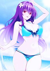  aqua_bikini ass_visible_through_thighs beach bikini blue_sky blush breasts cleavage cloud engo_(aquawatery) fate/grand_order fate_(series) female flower hair_between_eyes hair_flower hair_intakes hair_ornament highres large_breasts layered_bikini long_hair looking_at_viewer navel non-web_source ocean open_mouth outdoors purple_hair reversed scathach_(fate) scathach_skadi_(swimsuit_ruler)_(fate) scathach_skadi_(swimsuit_ruler)_(final_ascension)_(fate) sky smile solo source_request stomach sunlight swimsuit thighs third-party_edit very_long_hair water white_flower 