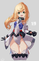  alice_gear_aegis black_gloves blonde_hair breasts cowboy_shot female gloves green_eyes grey_background groin highleg highleg_leotard leotard long_hair multicolored_leotard noelle_francesca ponytail red_cat_hood showgirl_skirt small_breasts smile solo standing thighhighs white_leotard white_thighhighs 