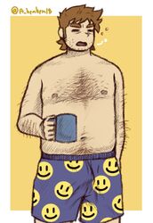  1boy a-hem_(a_hemhem18) arm_hair bara beard_stubble belly blue_male_underwear boxers brown_hair chest_hair cowboy_shot cup emoji_print facial_hair forked_eyebrows hairy leg_hair long_sideburns male_focus male_underwear mug navel_hair plump print_male_underwear scott_pilgrim_(series) scott_pilgrim_takes_off short_hair sideburns sleepy solo squeans stephen_stills stubble thick_eyebrows two-tone_background underwear waking_up 