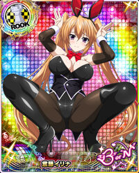  ahoge animal_ears boots bow bowtie breasts card_(medium) chess_piece copyright_name detached_collar detached_sleeves fake_animal_ears female hair_between_eyes high_heel_boots high_heels high_school_dxd high_school_dxd_born large_breasts leotard long_hair looking_at_viewer official_art pantyhose playboy_bunny purple_eyes rabbit_ears rabbit_pose rook_(chess) shidou_irina smile solo squatting strapless strapless_leotard thigh_boots twintails very_long_hair 