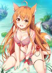  :d ahoge animal_ears bare_shoulders barefoot bikini blush bow breasts cleavage collarbone commentary english_commentary female flower fox_ears fox_girl fox_tail kageira kawaii_nihongo kitsune long_hair looking_at_viewer medium_breasts multiple_tails navel open_mouth orange_hair red_bow riko_(kawaii_nihongo) rock second-party_source sitting smile solo striped_bikini striped_clothes swimsuit tail toes very_long_hair water wrist_bow 