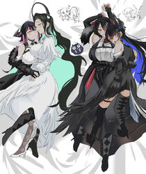  4girls aqua_hair aradia_ravencroft asymmetrical_horns bed_sheet black_hair blue_hair blush breasts colored_inner_hair dakimakura_(medium) demon_horns dress highres hololive hololive_english horns large_breasts long_hair lying malpha_ravencroft mamarissa mole mole_under_eye mother_and_daughter multicolored_hair multiple_girls nerissa_ravencroft nerissa_ravencroft_(1st_costume) on_back pink_eyes pink_hair red_eyes red_hair set7 short_hair siblings sisters two-tone_hair uneven_horns virtual_youtuber wavy_hair white_dress 