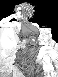  armpits artist_name bare_arms bare_shoulders belt boku_no_hero_academia boots covered_collarbone crossed_legs dress female fur-trimmed_footwear fur_trim greyscale hand_on_own_cheek hand_on_own_face head_rest highres honexstage lady_nagant long_dress looking_at_viewer medium_hair monochrome short_hair sitting sleeveless_turtleneck_dress solo taut_clothes taut_dress utility_belt zipper_footwear 