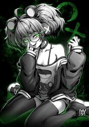  adjusting_eyewear ahoge animal_ear_headphones animal_ears baggy_clothes bare_shoulders bear_ear_headphones black_choker choker collarbone dark_background ebiblue eliza_(yeougui) evil_smile fake_animal_ears female finger_on_eyewear flaming_eye garter_straps gesugao glasses green_eyes greyscale halterneck headphones highres holding holding_phone long_sleeves looking_at_viewer monochrome oerba_yun_fang open_mouth original partially_colored phone shirt sitting smile smug solo strap thighhighs wariza 