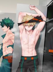  2boys abs bakugou_katsuki black_pants black_tank_top blonde_hair bodysuit boku_no_hero_academia closed_mouth earrings freckles green_bodysuit green_eyes green_hair highres jewelry looking_at_another male_focus midoriya_izuku multiple_boys muscular muscular_male navel nipples one_eye_closed open_clothes open_mouth open_shirt pants red_eyes seoltang_(nitro_sugar) short_hair simple_background spiked_hair stomach tank_top undressing 