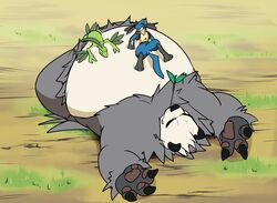  96_gatefield anthro belly belly_up big_belly claws exhausted generation_3_pokemon generation_4_pokemon generation_6_pokemon grovyle hi_res leaf lucario lying male nintendo on_back on_front overweight overweight_anthro overweight_male pangoro pawpads paws pokemon pokemon_(species) resting resting_on_belly size_difference smaller_male 