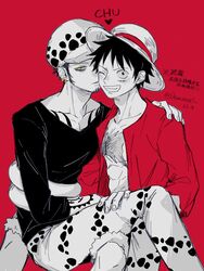  2boys arm_tattoo blush chest_tattoo crossed_legs demorzel denim earrings facial_hair fur_hat goatee grin hat highres hug jeans jewelry kissing kissing_cheek male_focus mixed-language_commentary monkey_d._luffy multiple_boys one_eye_closed one_piece pants red_shirt scar scar_on_face shirt short_hair sitting sitting_on_lap sitting_on_person smile straw_hat stretched_limb tattoo trafalgar_law translation_request yaoi yellow_eyes 