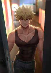  1boy abs bakugou_katsuki black_pants black_tank_top blonde_hair boku_no_hero_academia door highres male_focus muscular muscular_male open_door pants red_eyes seoltang_(nitro_sugar) short_hair smile spiked_hair standing tank_top teeth 