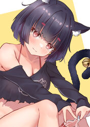  absurdres animal_ears ass azur_lane bare_shoulders bell belt black_hair black_shirt black_shorts blunt_bangs breasts cat_ears cat_girl cat_tail classic_(zildjian33) cleavage cola collarbone commentary_request denim denim_shorts eyes_visible_through_hair female head_tilt highres long_sleeves looking_at_viewer midriff official_alternate_costume panties panty_peek red_eyes revision shirt short_hair short_shorts shorts sidelocks simple_background sitting smile soda_bottle solo spaghetti_strap tail tail_bell tail_ornament thick_eyebrows two-tone_background underwear yamashiro_(azur_lane) yamashiro_(vacation_offensive!)_(azur_lane) 