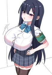  :o absurdres akitokage armband black_hair black_thighhighs blue_bow blue_bowtie bow bowtie bra bra_peek breasts button_gap empty_eyes female green_armband grey_skirt hair_ornament hairclip hands_on_own_hips highres huge_breasts long_hair nozomi_(akitokage) original plaid plaid_skirt purple_eyes safety_pin school_uniform shirt short_sleeves skirt solo thighhighs underwear very_long_hair white_shirt zettai_ryouiki 