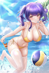  absurdres azur_lane ball bare_shoulders beach beachball bent_over bikini blue_sky breasts cleavage cloud cloudy_sky collarbone commentary_request day female hair_between_eyes highres holding horizon jyu-so large_breasts long_hair midriff navel ocean official_alternate_costume official_alternate_hairstyle outdoors pola_(azur_lane) pola_(seaside_coincidence)_(azur_lane) purple_hair red_eyes revision sidelocks sky solo spaghetti_strap starfish sunlight swimsuit thighhighs twintails v-shaped_eyebrows water_drop wet wet_clothes white_thighhighs yellow_bikini 