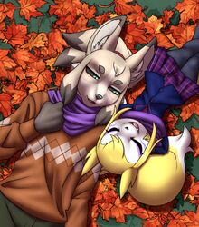  2024 2_horns anthro autumn autumn_leaves bandai_namco bottomwear canid canine closed_eyes clothing dark_sclera digimon digimon_(species) duo facial_markings female fox furball genji hand_on_chest hands_behind_head head_markings hi_res horn hybrid imp impmon larger_male leaf leaves_on_ground leggings legwear looking_at_another looking_at_partner lying male male/female mammal markings on_back on_ground pants renamon renimpmon renimpmon_x scarf sharing_clothing sharing_scarf short_stack size_difference skirt smaller_female smile smiling_at_partner stockings sweater topwear 