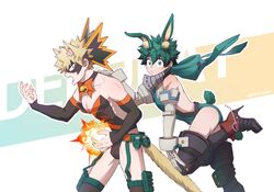  2boys animal_ears bakugou_katsuki black_bodysuit black_mask black_sleeves blonde_hair bodysuit boku_no_hero_academia cat_boy cat_ears cat_tail closed_mouth green_eyes green_hair highres male_focus midoriya_izuku multiple_boys open_mouth otoko_no_ko rabbit_boy rabbit_ears red_eyes seoltang_(nitro_sugar) short_hair spiked_hair tail thighhighs 