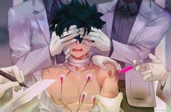  4others abs bandages black_shirt boku_no_hero_academia doctor gloves green_hair hand_over_eye highres holding holding_pen holding_syringe jacket male_focus midoriya_izuku multiple_boys multiple_others muscular muscular_male nipples open_mouth pants pen scar seoltang_(nitro_sugar) shirt syringe tears topless_male white_gloves white_jacket 