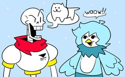  absurd_res annoying_dog_(undertale) anthro avian beak bird blue_hair bone canid canine canis dialogue domestic_dog duo feathers female feral fur hair hi_res male mammal martlet_(undertale_yellow) neck_tuft papyrus_(undertale) scarf skeleton tail teeth tuft undertale undertale_(series) undertale_yellow white_body white_fur wings zepiereite 