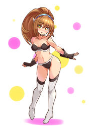  azure_striker_gunvolt bikini bikini_top_only black_bikini black_gloves blue_hairband blush brown_eyes brown_hair clenched_hand commentary cougar_(cougar1404) cropped_jacket female fingerless_gloves full_body gloves grey_thighhighs gunvolt_chronicles_luminous_avenger_ix hairband kohaku_(gunvolt) long_hair looking_at_viewer navel open_mouth ponytail smile solo standing stomach swimsuit thighhighs white_background zettai_ryouiki 