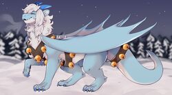  bell bell_harness bell_on_tail blue_body blue_claws blue_ears blue_fur blue_horn cheek_tuft christmas christmas_tree claws closed_eyes dragon facial_tuft feral fluffy fluffy_hair fur furred_dragon furred_scalie gold_bell hair happy harness hi_res holidays horn jebrail jingle_bell jingle_bell_harness male membrane_(anatomy) membranous_wings mythological_creature mythological_scalie mythology plant prelares quadruped scalie snow solo tail tree tuft white_body white_fur white_hair wings winter 