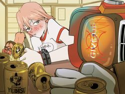  ass back beer_can blush can canti commentary drink drink_can english_commentary female flcl green_eyes hair_between_eyes haruhara_haruko highres nandaba_kamon pink_hair pink_punk_ponk retro_artstyle robot short_hair yebisu 