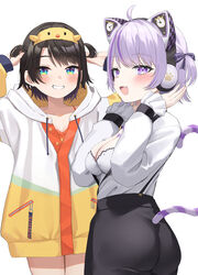  2girls :d absurdres ahoge animal_ear_headphones animal_ears animal_hood aqua_eyes arms_up black_hair black_shorts blush bow bra breasts cat_ear_headphones cat_girl cat_tail chest_tattoo cleavage_cutout clothing_cutout commentary_request drawstring fake_animal_ears frilled_sleeves frills grin hair_tie hairband hairbow hands_in_own_hair hands_up headphones heart heart_on_chest heart_tattoo highres hololive hood hooded_jacket jacket long_sleeves looking_at_viewer loungewear medium_breasts multicolored_clothes multicolored_hair multicolored_jacket multiple_girls nekomata_okayu nekomata_okayu_(wonderland) oerba_yun_fang official_alternate_costume official_alternate_hairstyle oozora_subaru oozora_subaru_(loungewear) open_mouth orange_bra purple_bow purple_eyes purple_hair shirt short_hair shorts shumpi sidelocks simple_background slit_pupils smile streaked_hair striped striped_bow suspender_shorts suspenders swept_bangs tail tattoo thighs two_side_up underwear virtual_youtuber white_background white_jacket white_shirt yellow_hairband yellow_jacket yellow_shirt 