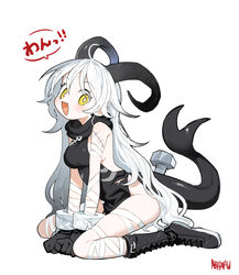  absurdres abysmal bandaged_arm bandaged_leg bandages black_gloves bolt_(hardware) boots breasts female full_body gloves highres horns kokaki_mumose long_hair maroma_(abysmal) medium_breasts oerba_yun_fang open_mouth sideboob simple_background sitting sleeveless solo stitches tail thighs white_hair yellow_eyes 