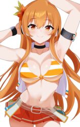  absurdres armpits arms_up beatmania_iidx belt bikini bikini_skirt black_choker breasts choker cleavage female flower hair_flower hair_ornament highres large_breasts long_hair looking_at_viewer navel orange_belt orange_bikini orange_eyes orange_hair pleated_skirt raimu_(clanberry000) simple_background skirt smile solo striped_bikini striped_clothes swimsuit umegiri_iroha white_background 