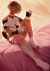  anthro canid canine canis clothing collar domestic_dog fur hi_res legwear male mammal morning multicolored_body multicolored_fur pink_bed pink_collar pink_tights rikitoka solo tights 