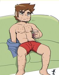  1boy bara beard_stubble brown_hair couch cup facial_hair forked_eyebrows holding holding_cup jitome long_sideburns looking_ahead male_focus on_couch purah_pad_(artist) scott_pilgrim_(series) scott_pilgrim_takes_off shirt_partially_removed short_hair sideburns sitting solo sparse_chest_hair sparse_leg_hair sparse_navel_hair stephen_stills stubble thick_eyebrows 